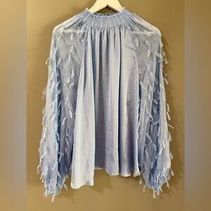 Cato 14/16 Blue Sheer Textured Fringe Sleeves Mock Neck Plus Top Shirt Womens